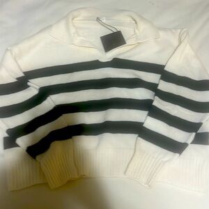 NWT!! Boutique polo sweater. Black and cream stripe. Light weight. Small. CUTE!